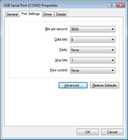 com port properties page
